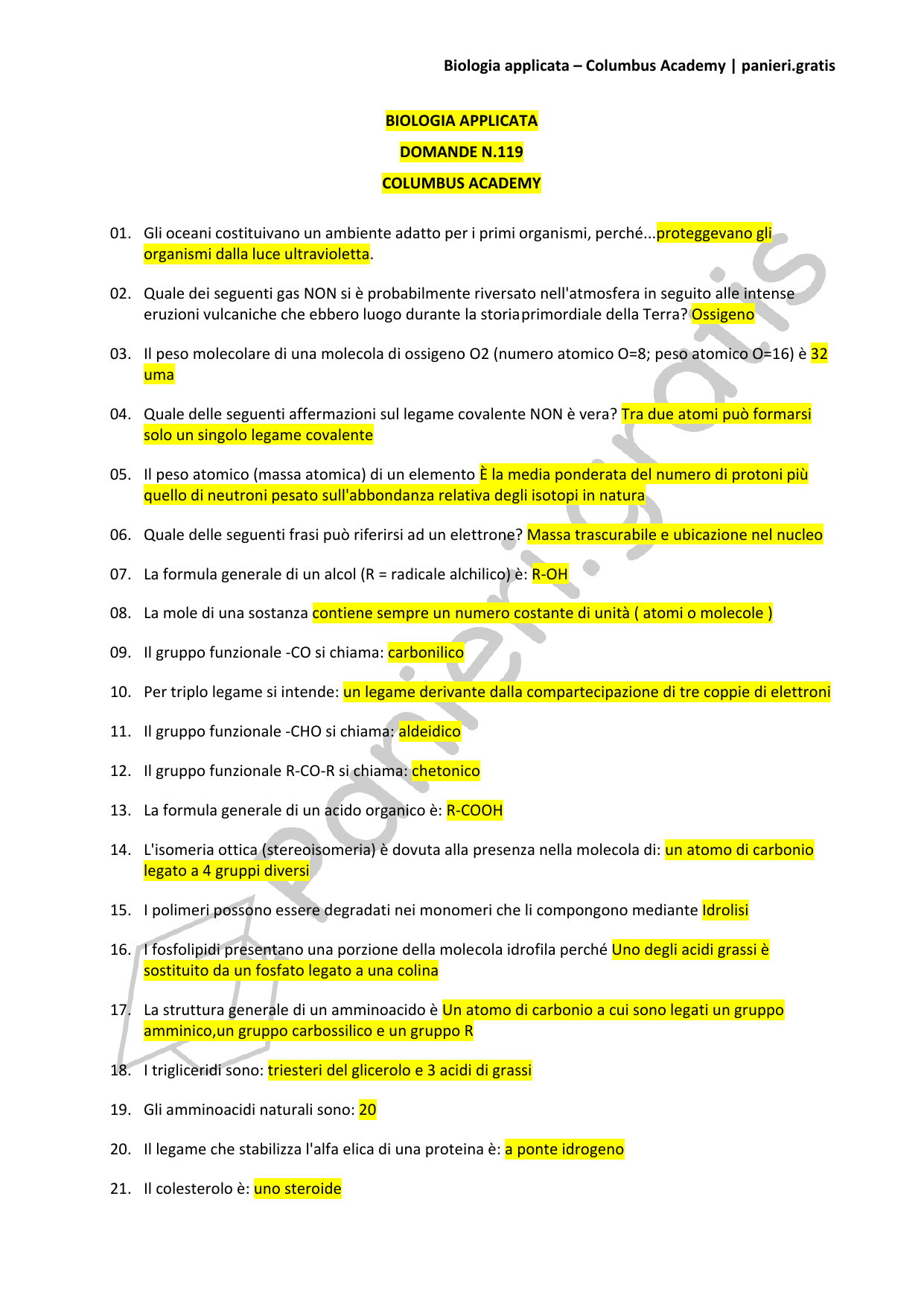 Paniere Biologia applicata - 119 - Columbus Academy