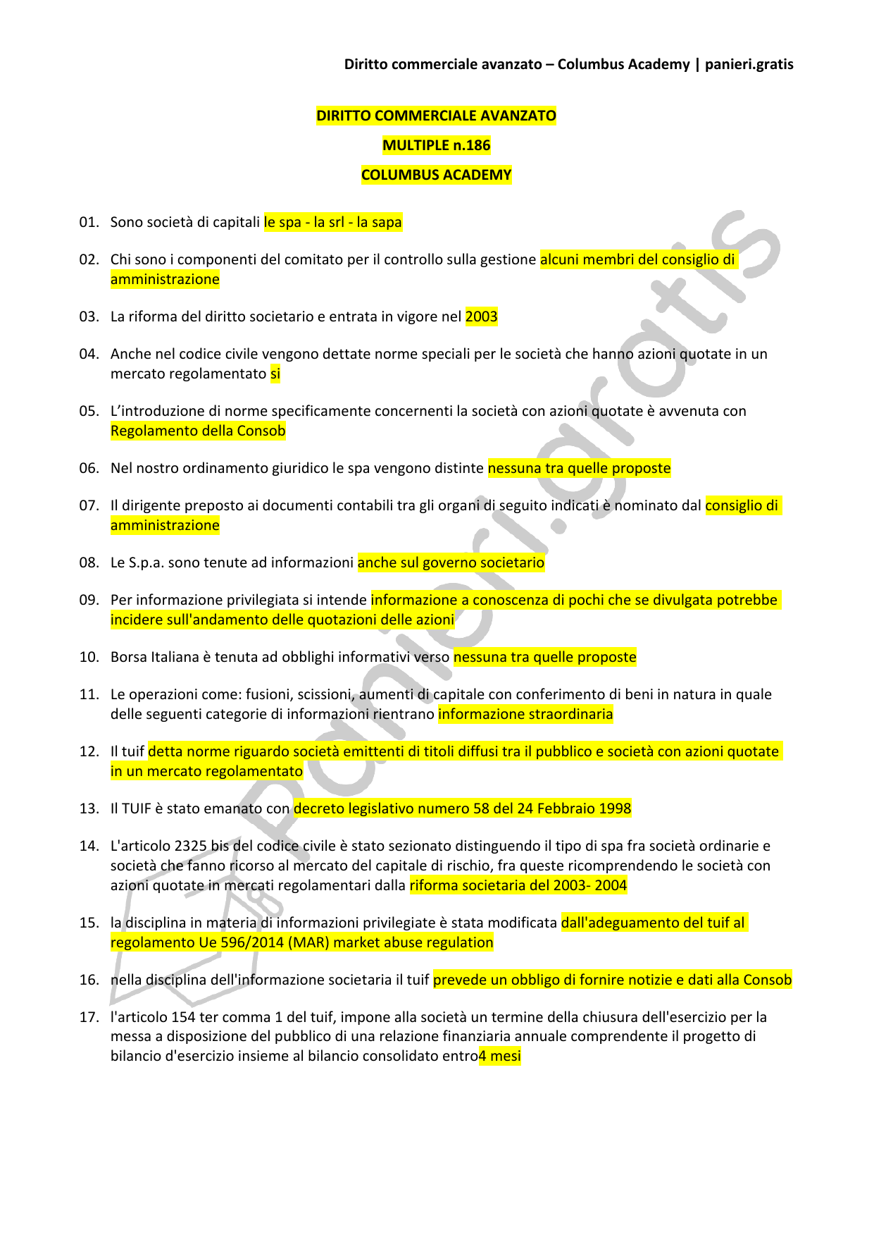 Paniere Diritto commerciale avanzato - 186 - Columbus Academy