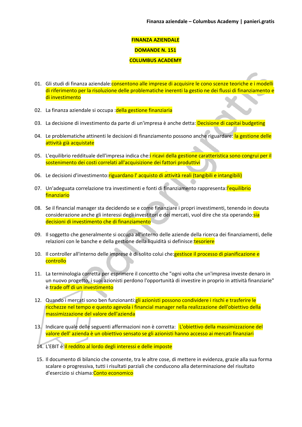 Paniere Finanza aziendale - 151 - Columbus Academy