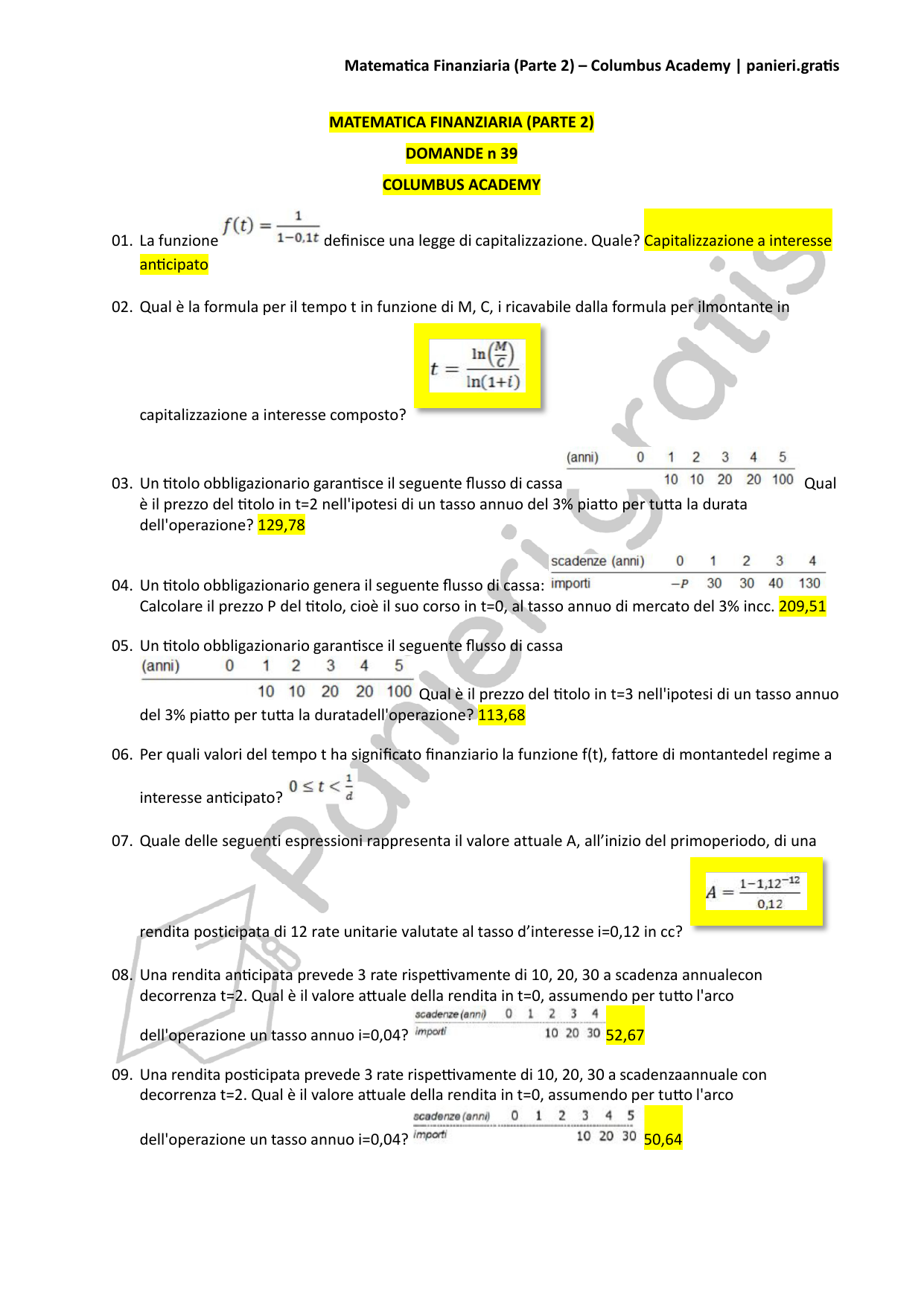 Paniere Matematica finanziaria (Parte 2) - 39 - Columbus Academy