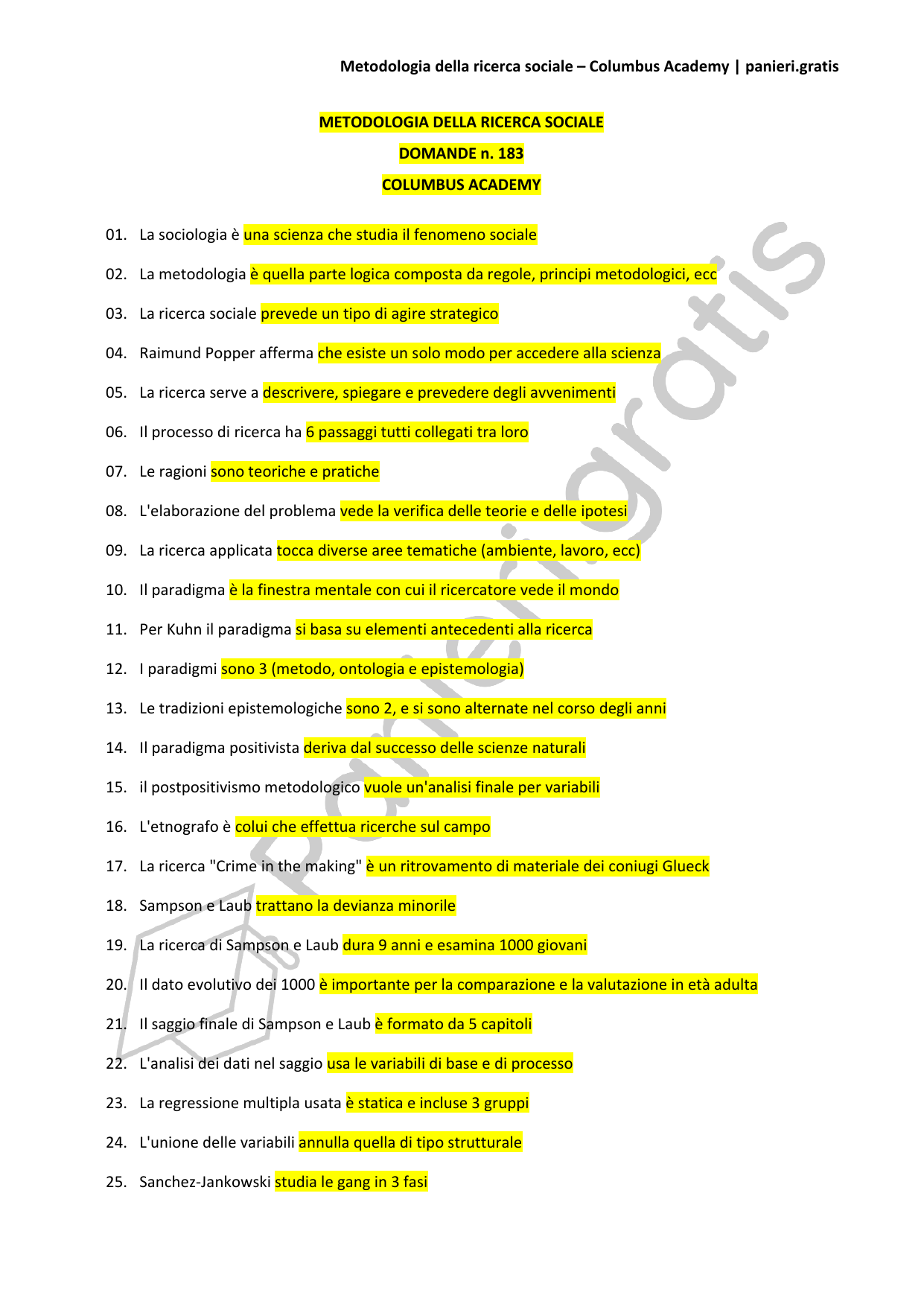 Paniere Metodologia della ricerca sociale - 183 - Columbus Academy