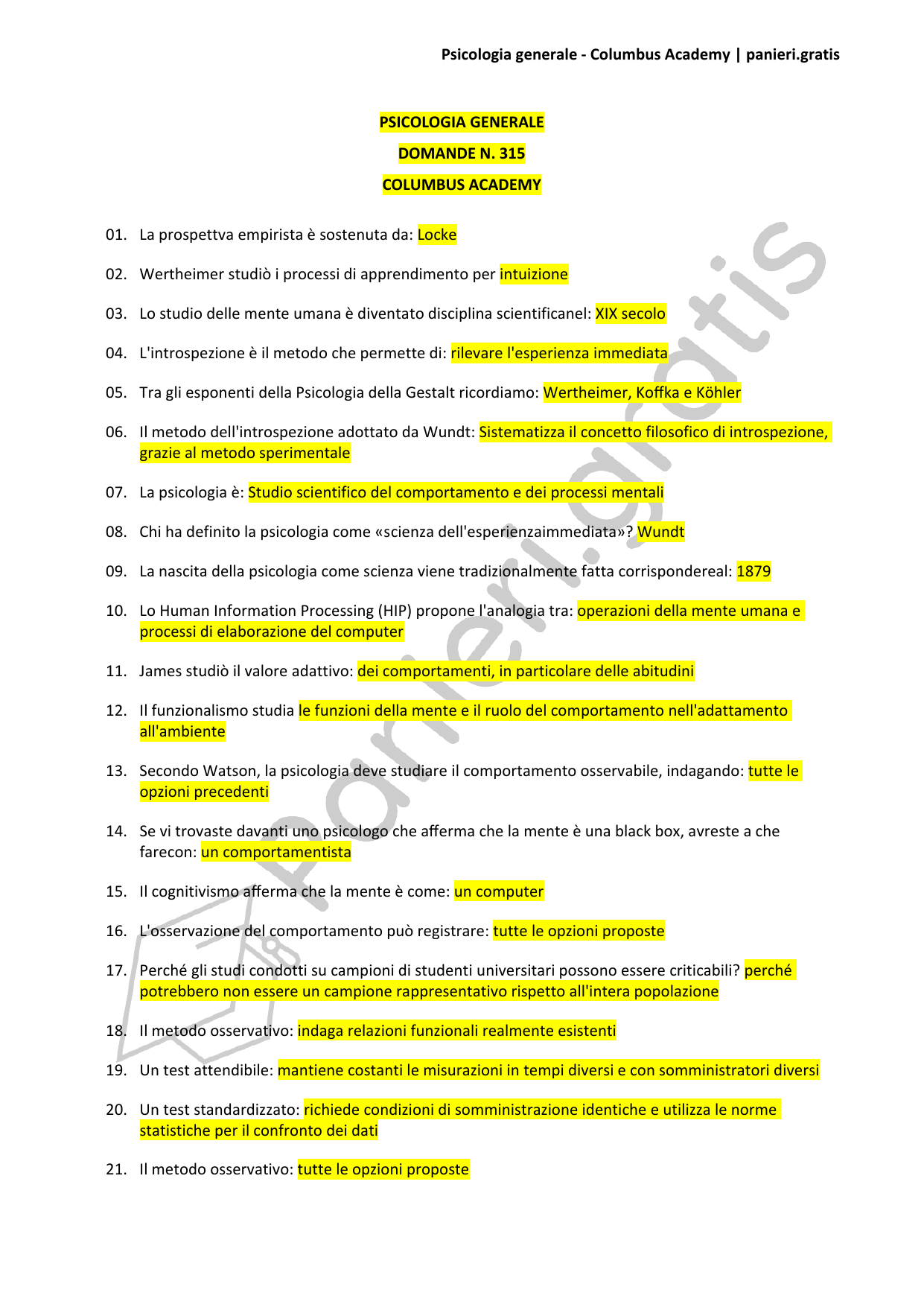 Paniere Psicologia generale - 315 - Columbus Academy