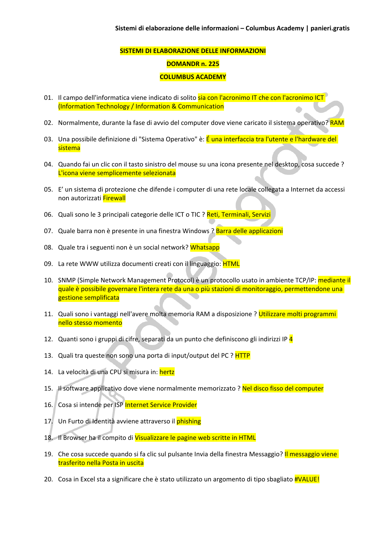 Paniere Sistemi di elaborazione delle informazioni - 225 - Columbus Academy